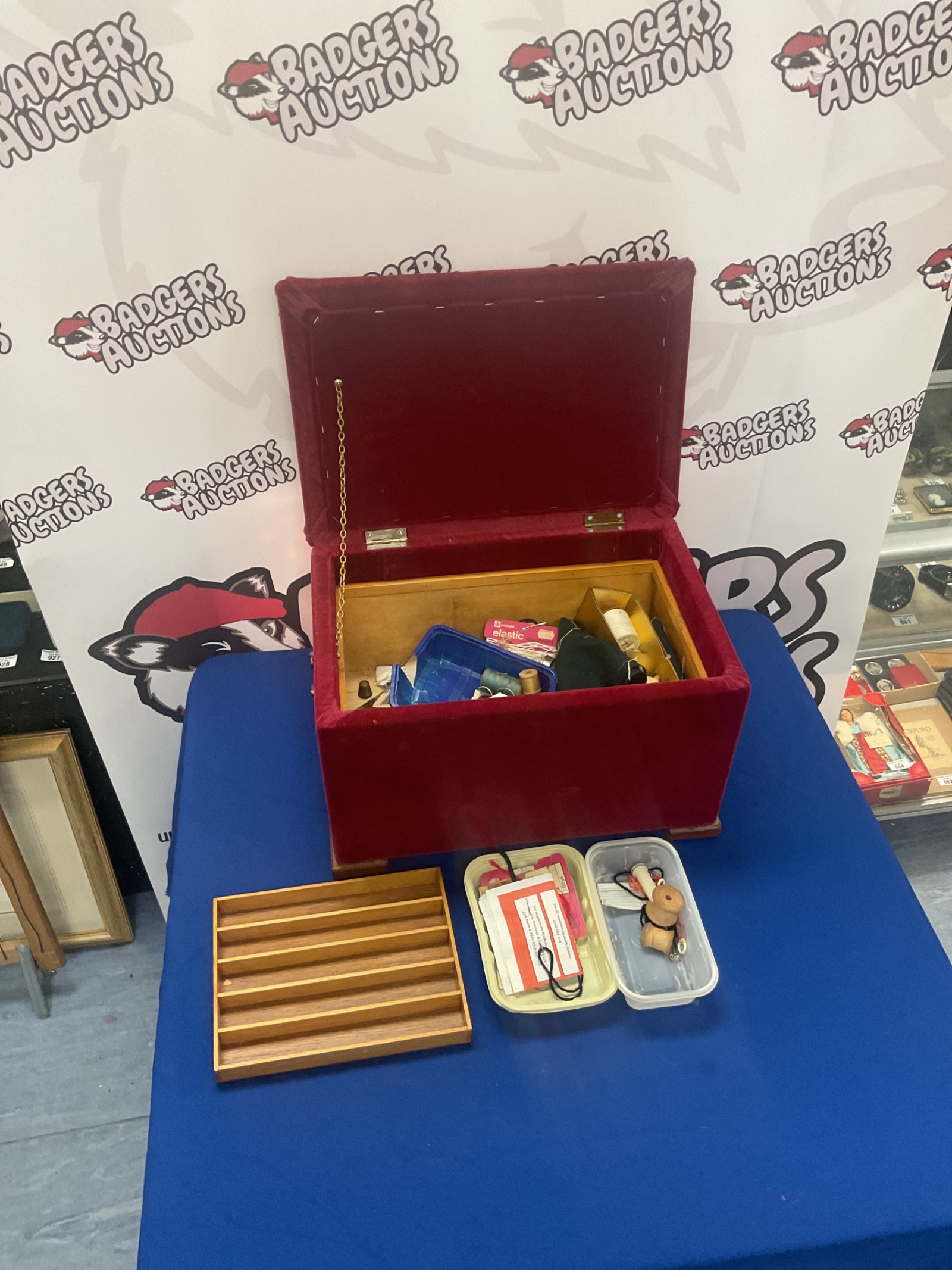 387 Red velvet covered sewing chest with contents