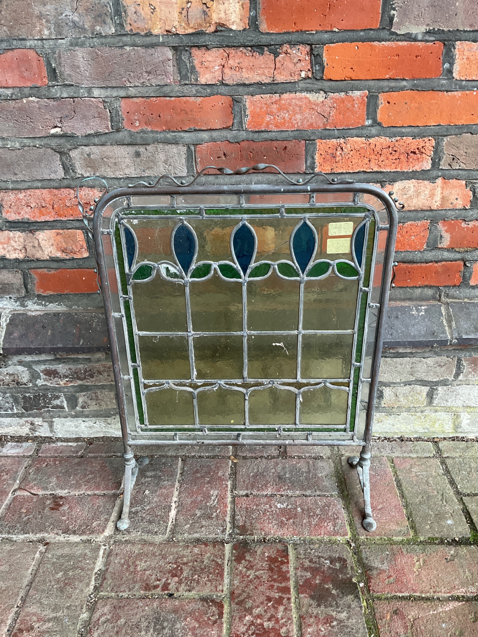 078 Vintage copper framed and stained glass fire guard