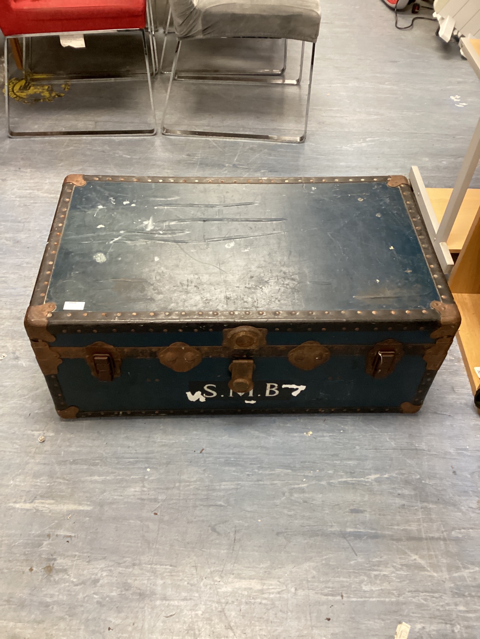 636 Large vintage travel trunk initialed S.M.B