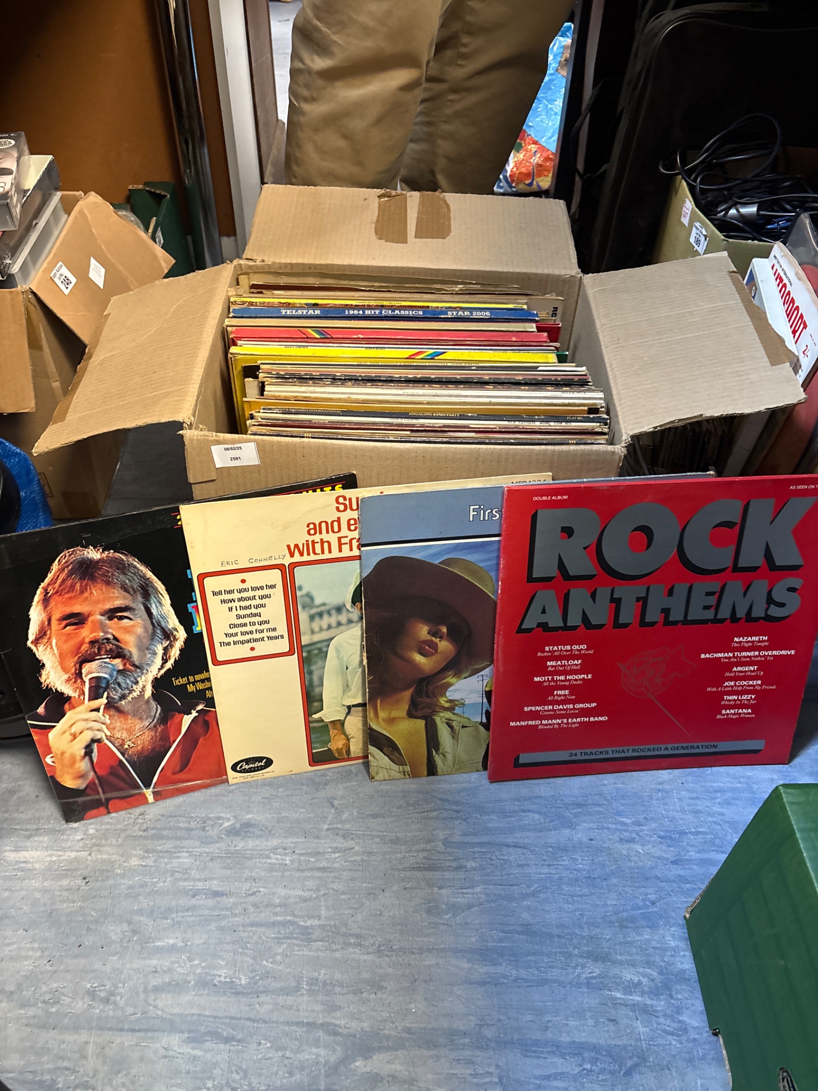 191 Box of mixed vinyl records inc frank sinatra and rock anthems