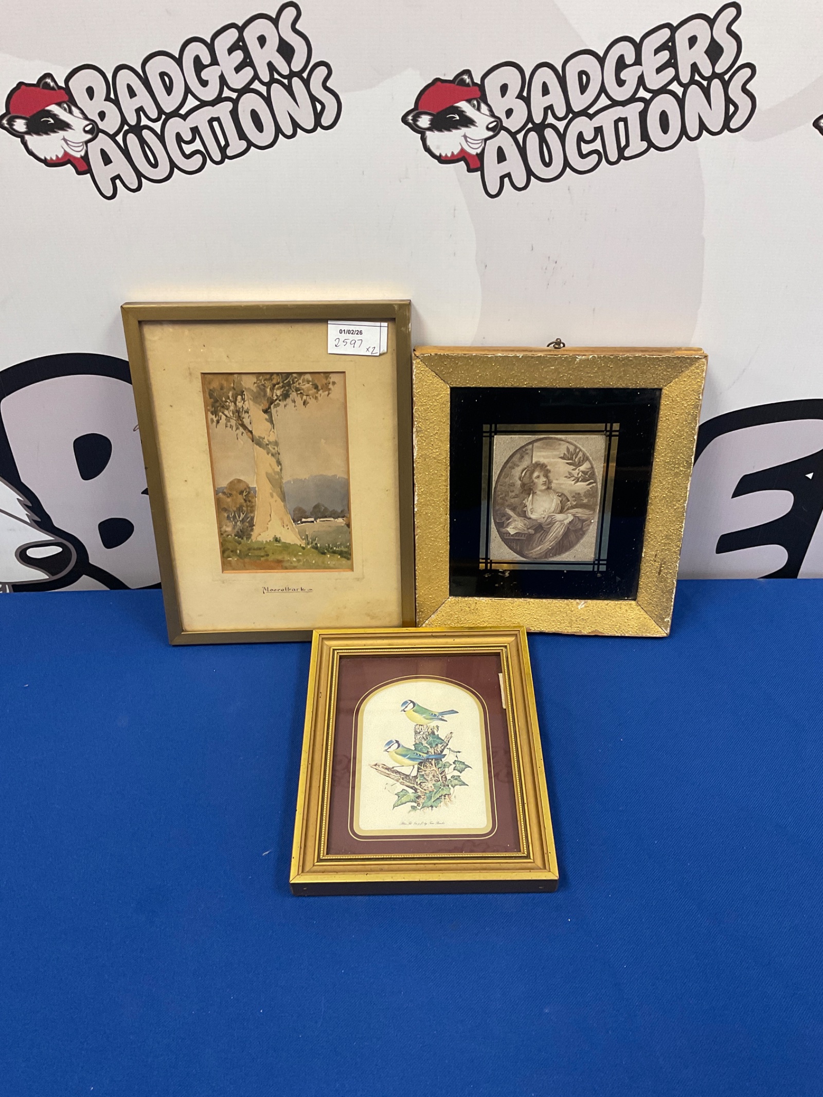 721 Framed watercolour titled moorolbark & two prints including blue tits by Tom banks