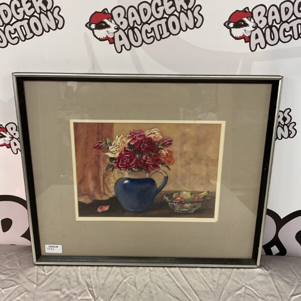 Vintage watercolour still life painting of roses in a jug.