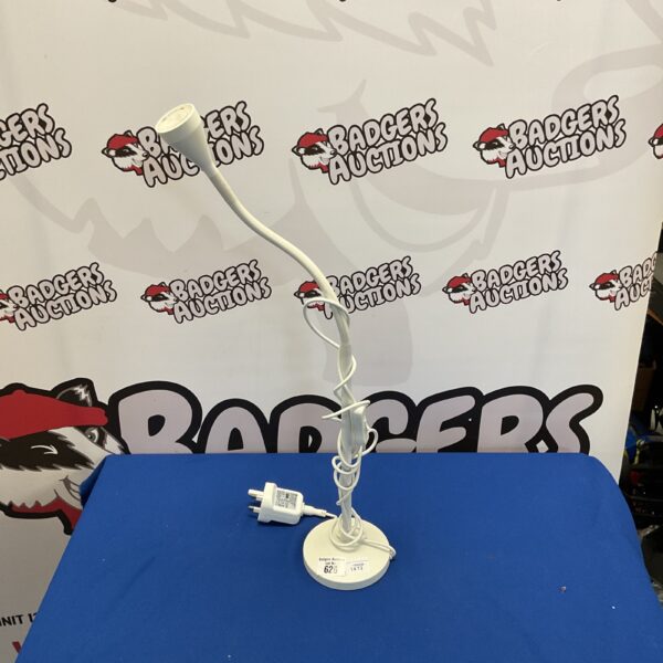 White flexible LED desk lamp with gooseneck arm for adjustable lighting.
