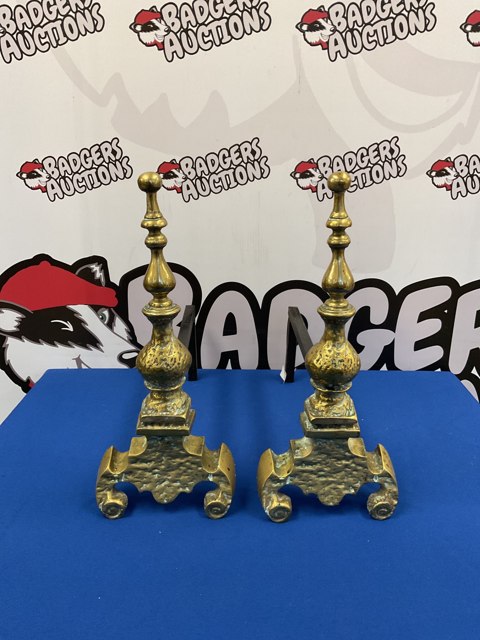 069 Pair of heavy brass fireplace fire dogs