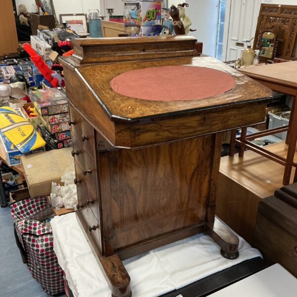 Antique burr walnut Davenport desk with fitted interior.