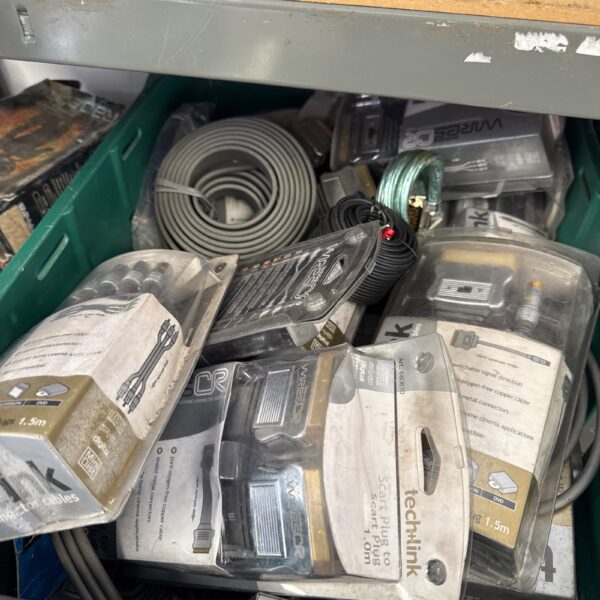 Assorted audio visual cables including Van den Hul examples in a tray.