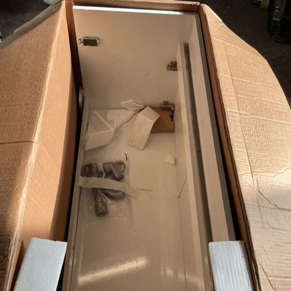 Gloss white bathroom basin unit still in its original packaging.