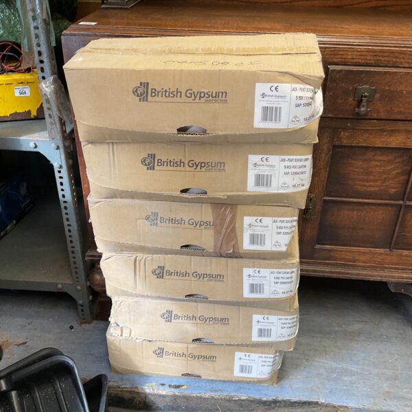 Stack of six unopened boxes of British Gypsum jack point screws.