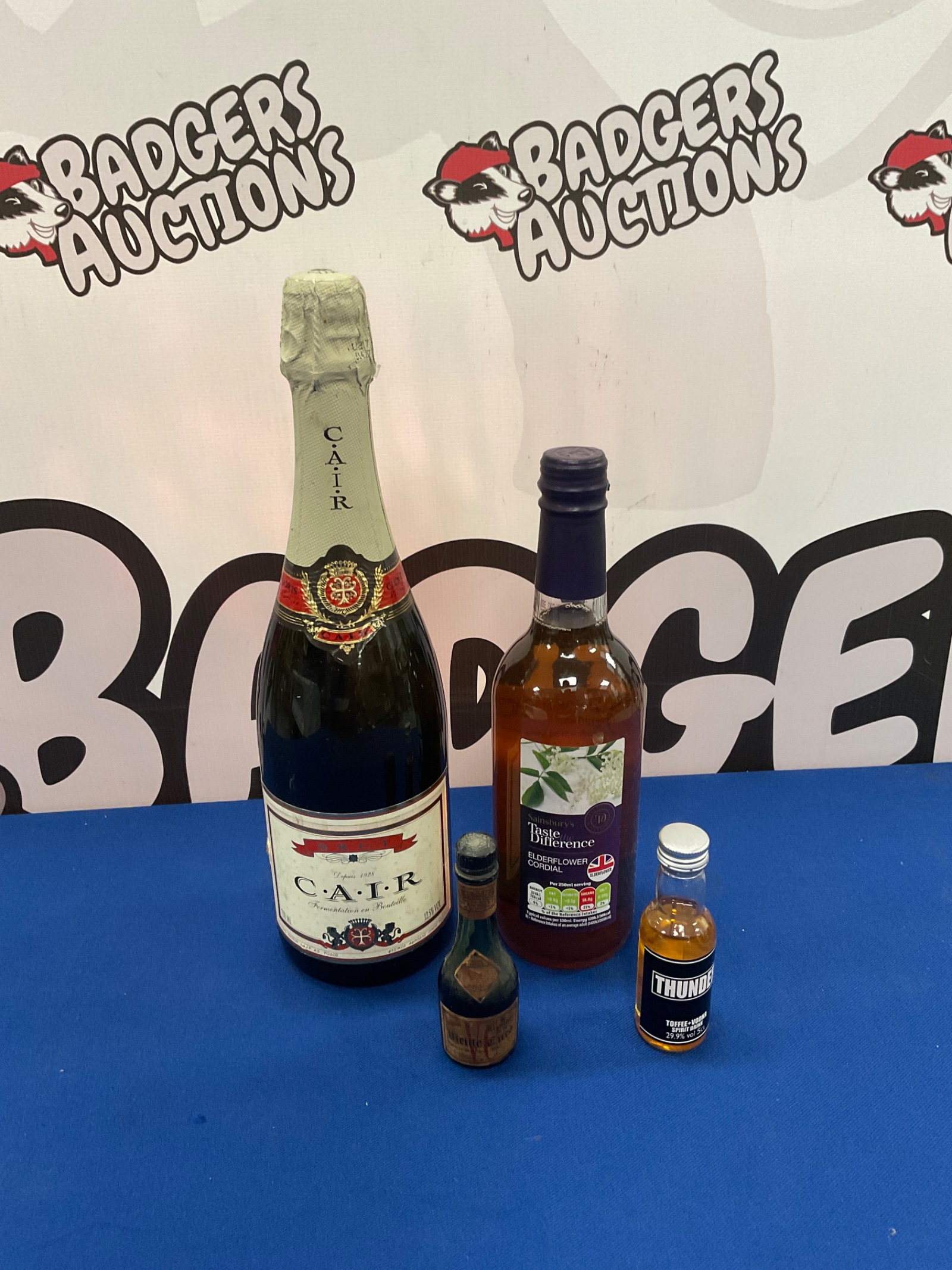 980 CAIR Brut champagne, Sainsbury’s taste the difference elderflower cordial & two miniatures
