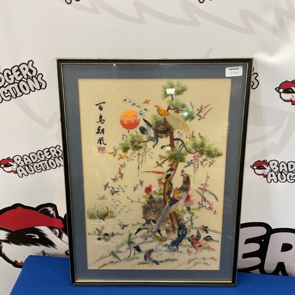 Vintage Chinese silk embroidery panel with birds and blossoms.