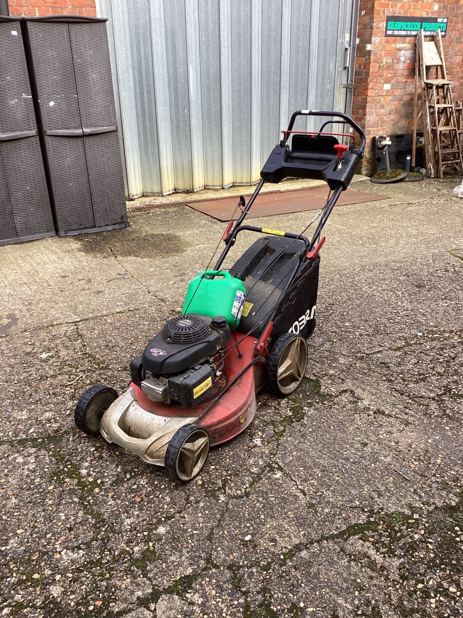 1232 Cobra GCV 160 petrol lawnmower with Gerry can