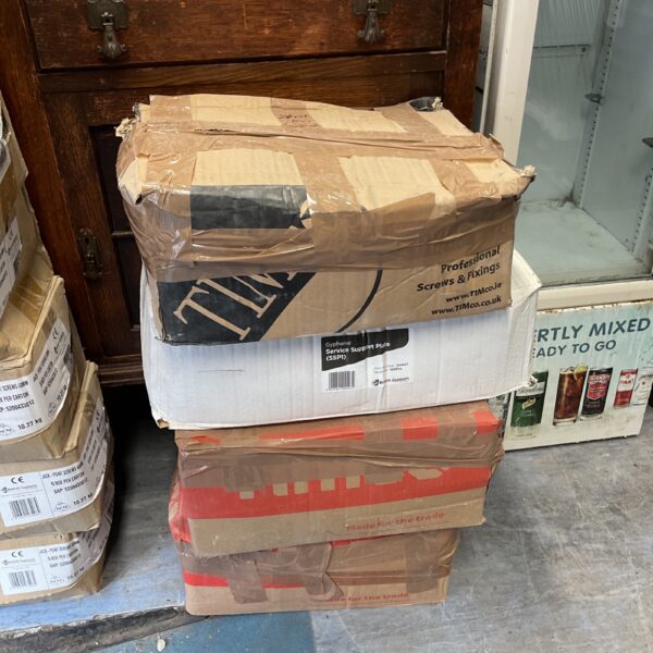Lot of drywall screws and gypframe service support plates for construction.