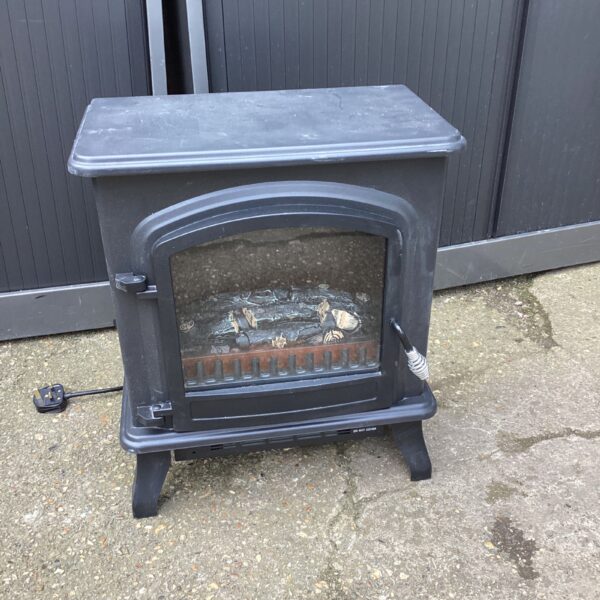 Small black electric fireplace with faux log fire effect.