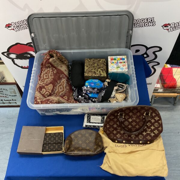 Fashion accessories lot with tapestries and Louis Vuitton style wallet.