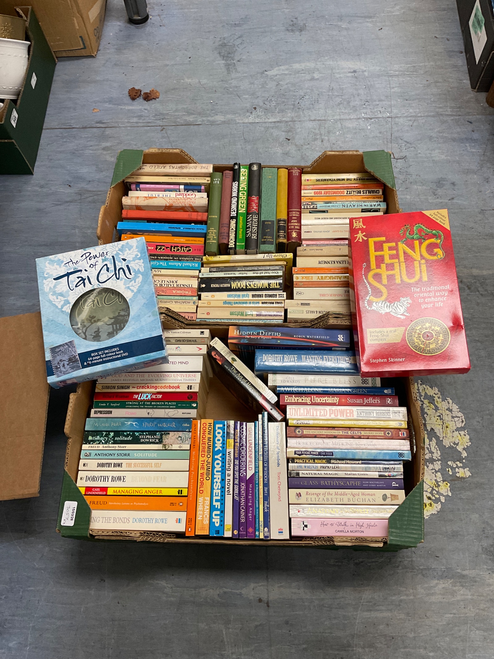 344 Two boxes of books including feng shui & t’ai chi boxsets