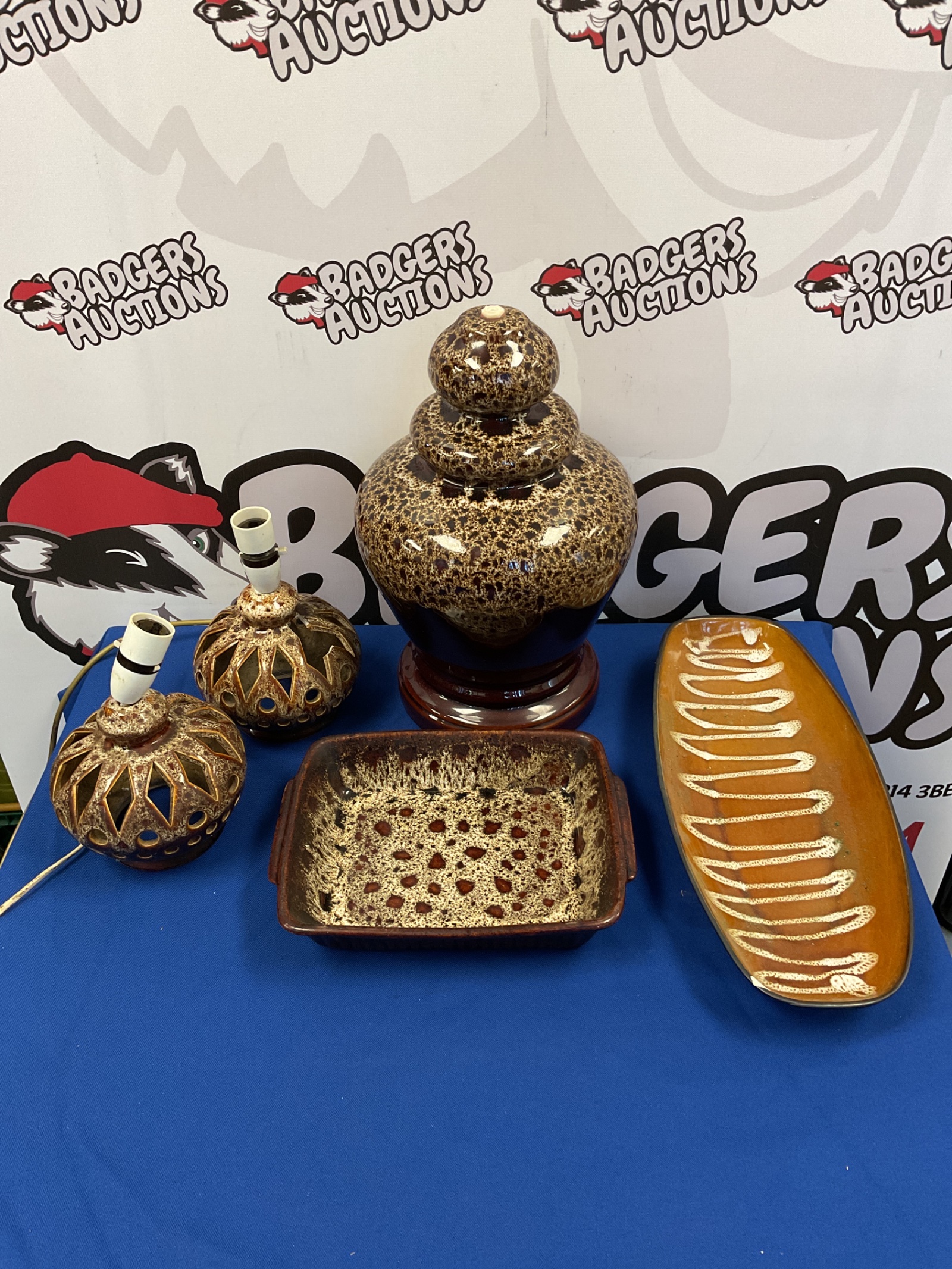 056 Forsters mid century pottery lamp, dish & two honeycomb table lamps (one damaged)
