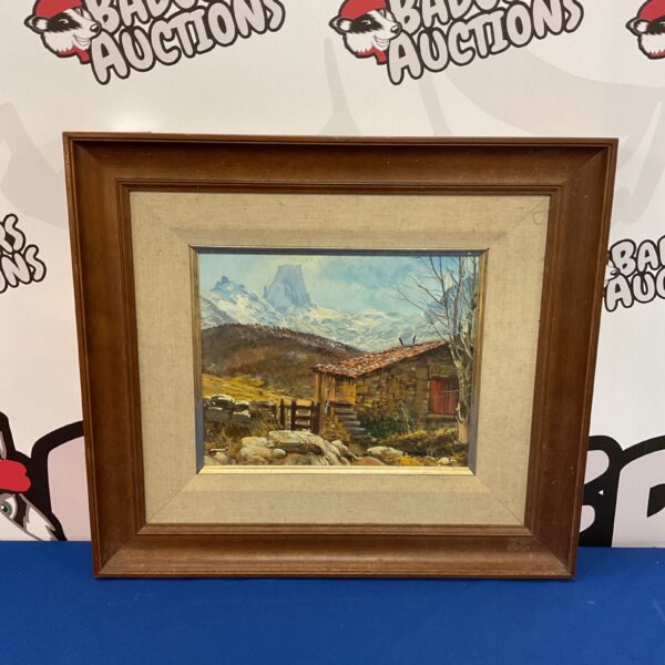 Vintage oil painting of a Swiss lodge in an alpine landscape by Garraiz.