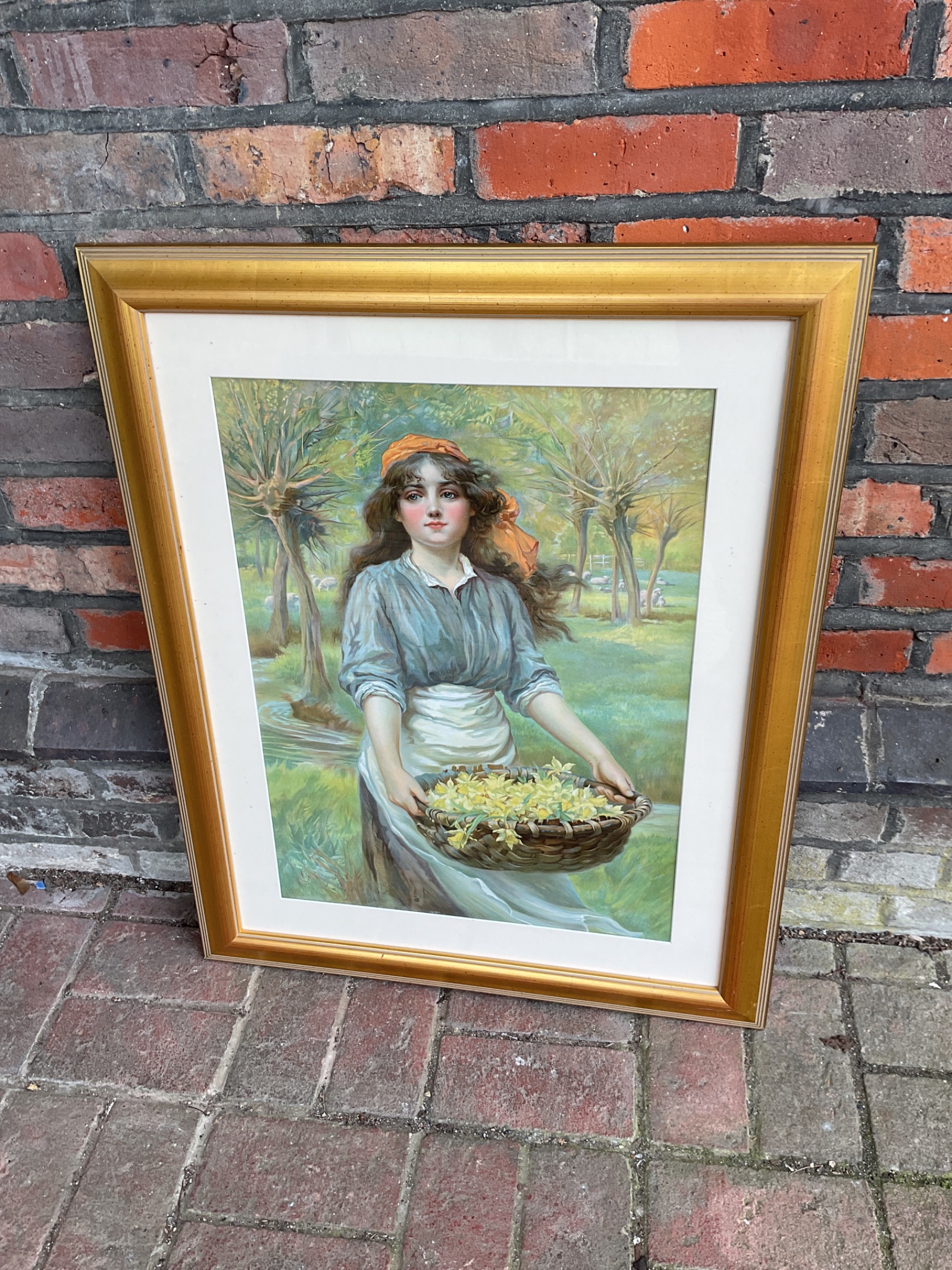 283 Large Gilt Framed Print Girl with Basket of flowers