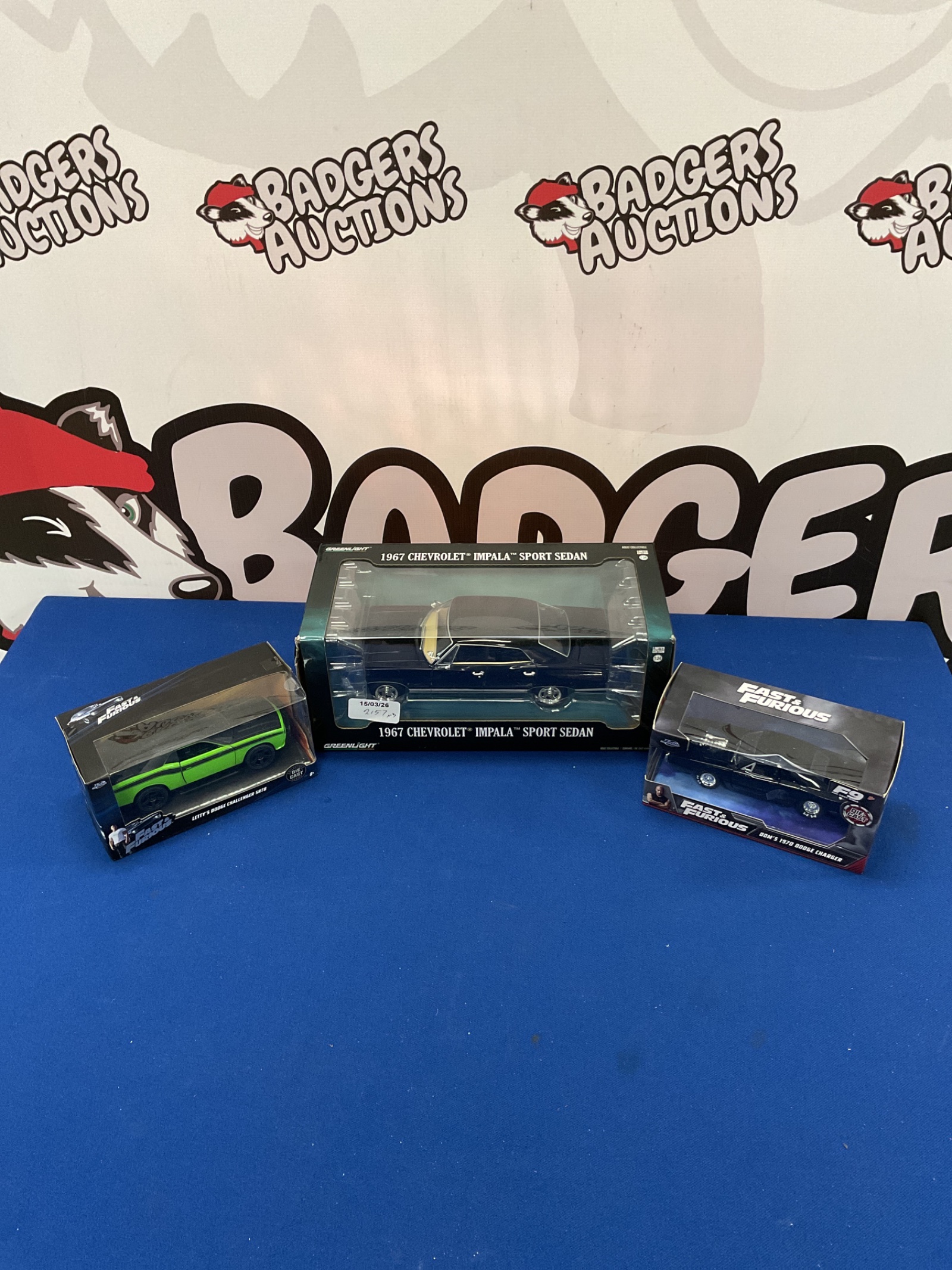 409 Jada Fast and Furious Dom’s 1970 Dodge Charger and Letty’s Dodge Challenger SRT8 diecast models and Greenlight Collectibles 1967 Chevrolet Impala Sport Sedan diecast model