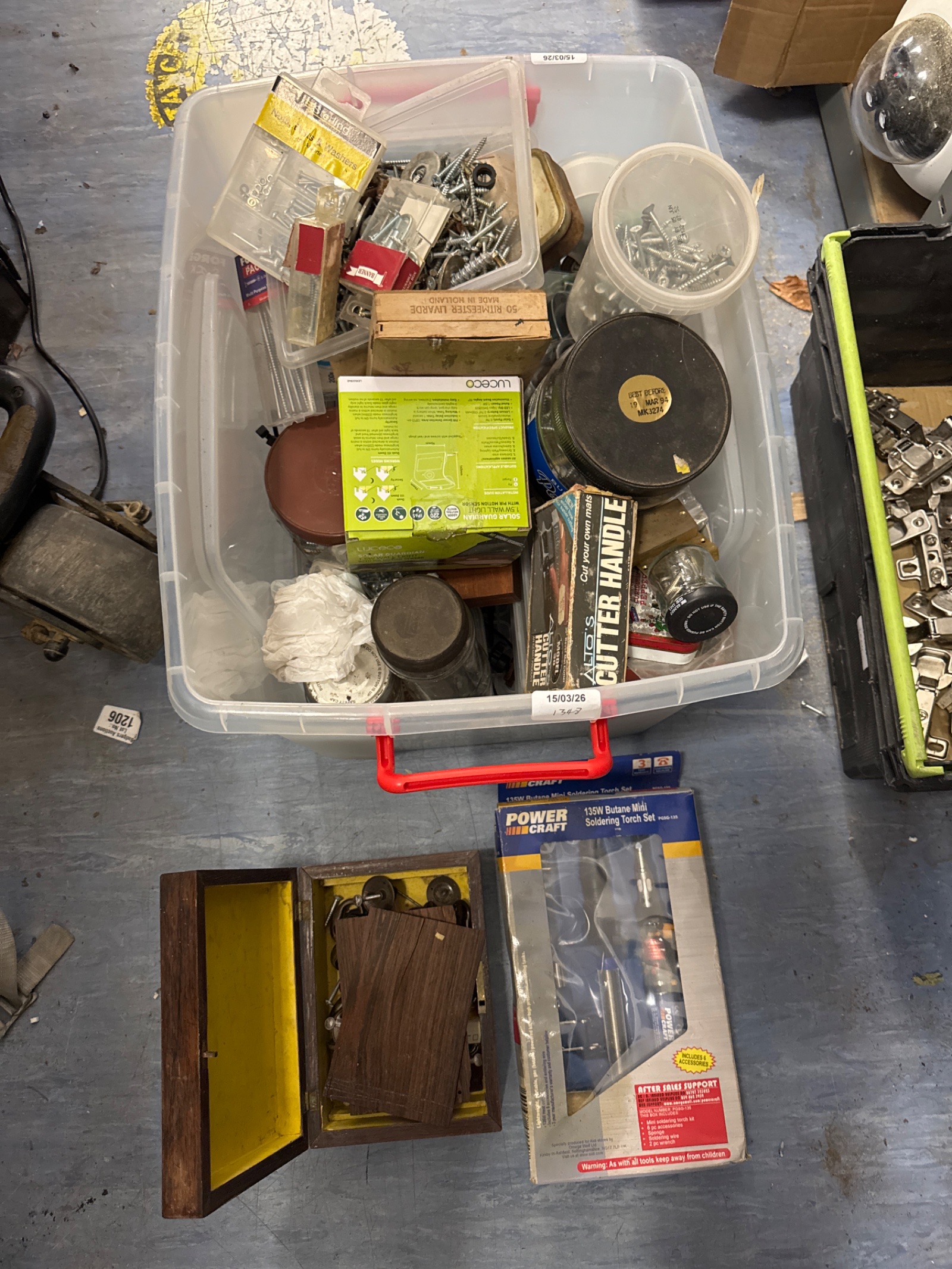1068 Large box of hardware items with a Powercraft butane soldering torch set