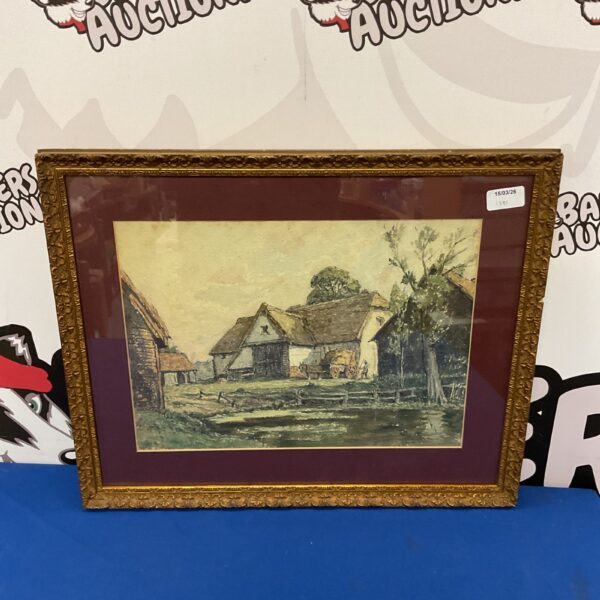HS Merritt watercolour painting of a rural farm scene with a horse and cart.