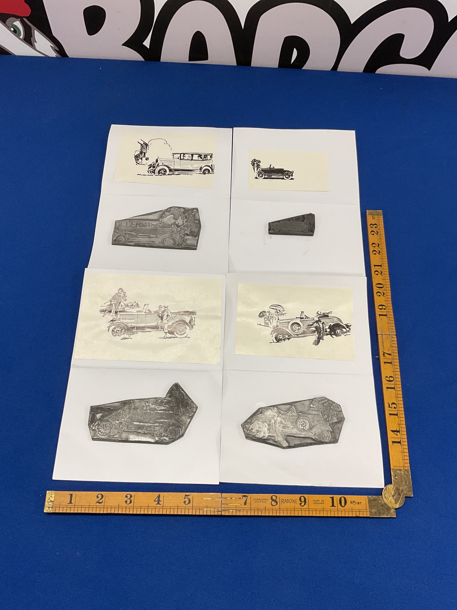 903 Four metal printing plates of vintage and veteran cars inc bull nose morris