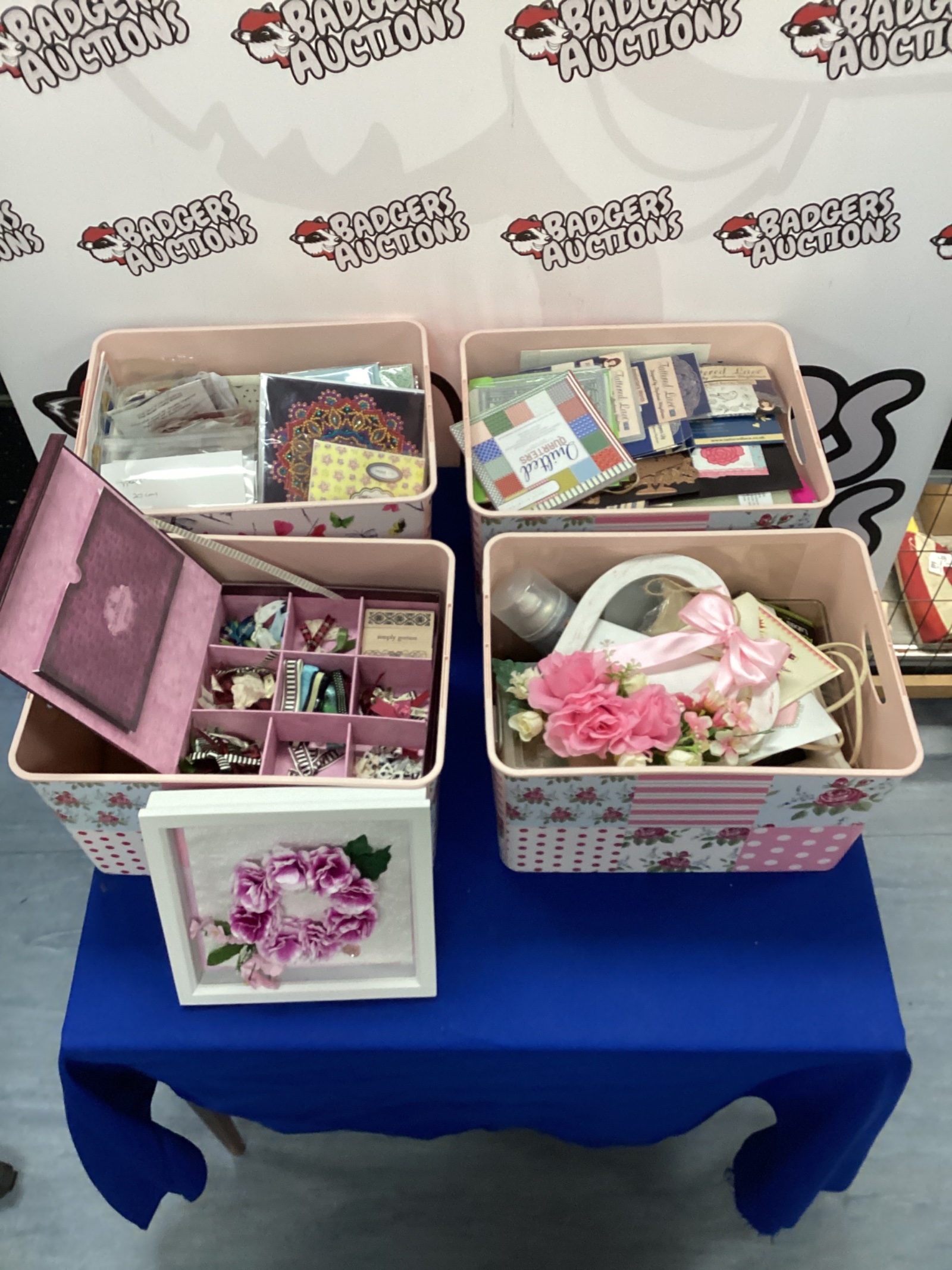 656 Four boxes of mixed craft items, including Santoro London crafting box and tattered lace