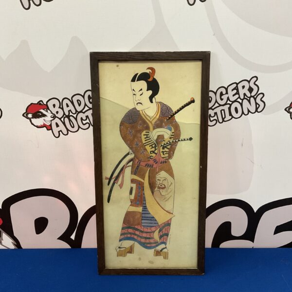 Antique Japanese samurai watercolour painting in a decorative frame.