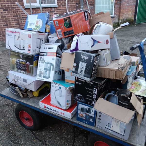 Large lot of customer return kitchen appliances including toasters and kettles.
