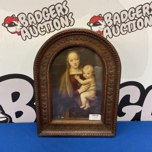 Vintage framed print of Madonna and Child religious art.