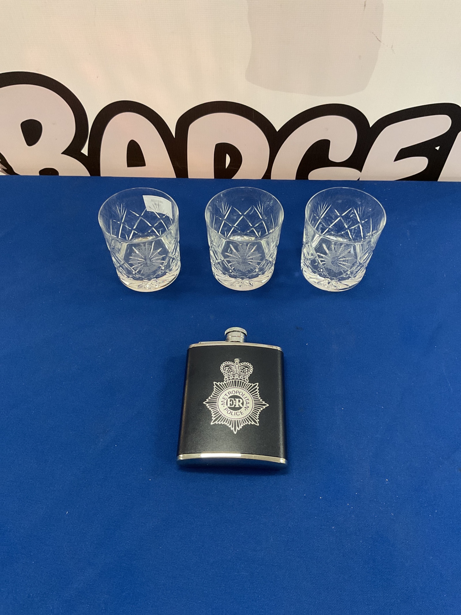 868 Metropolitan Police whiskey glasses and hip flask