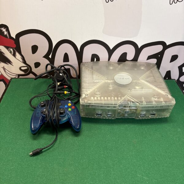 Front view of the rare crystal clear Microsoft Xbox gaming console.
