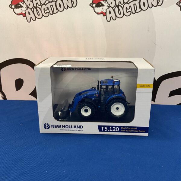 Detailed New Holland T5.120 tractor model with front loader.