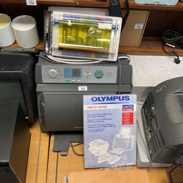 Vintage Olympus Camedia P-400 digital photo printer with paper.