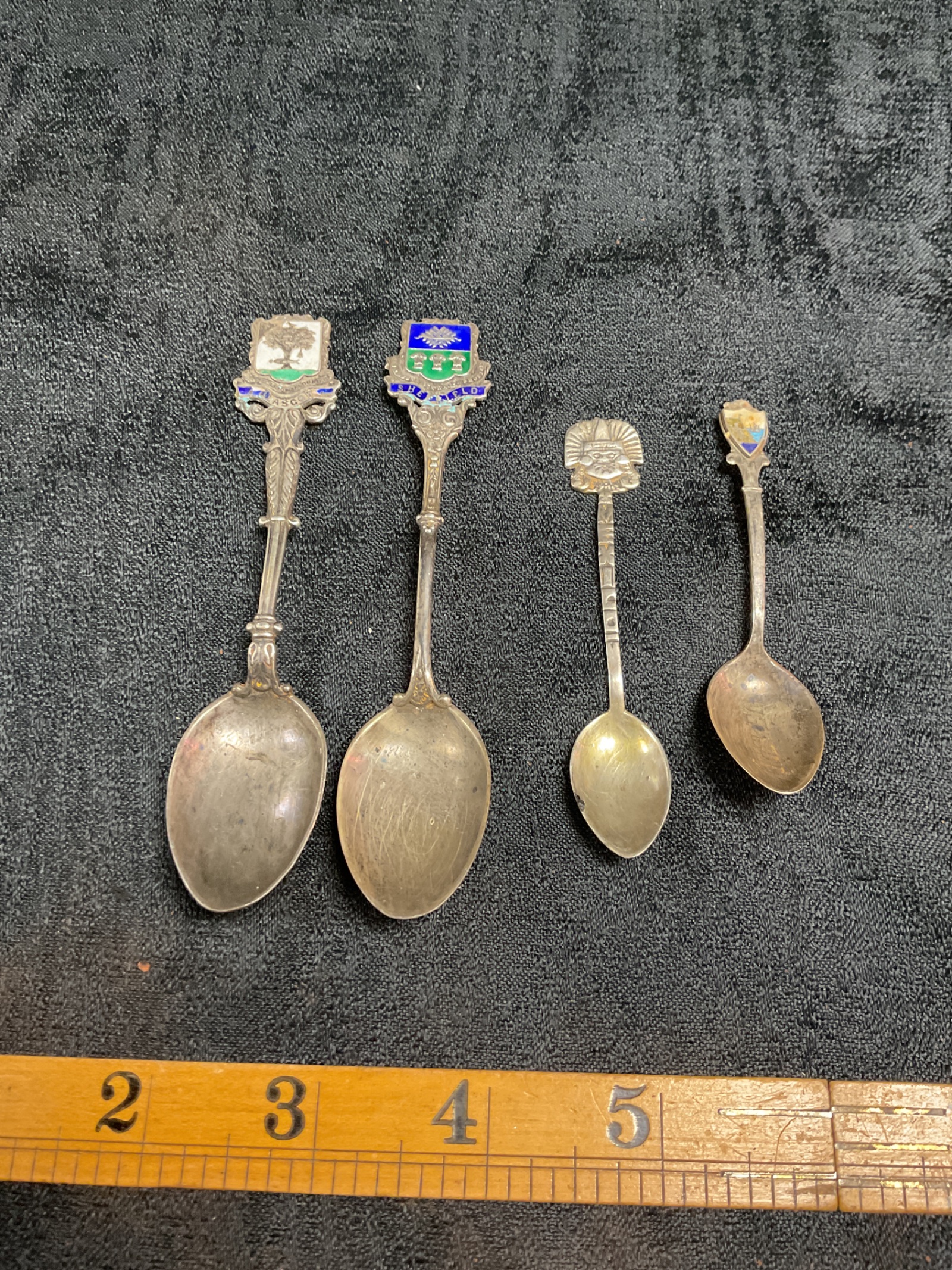 952 Four Collectable enamel badge silver spoons 44g
