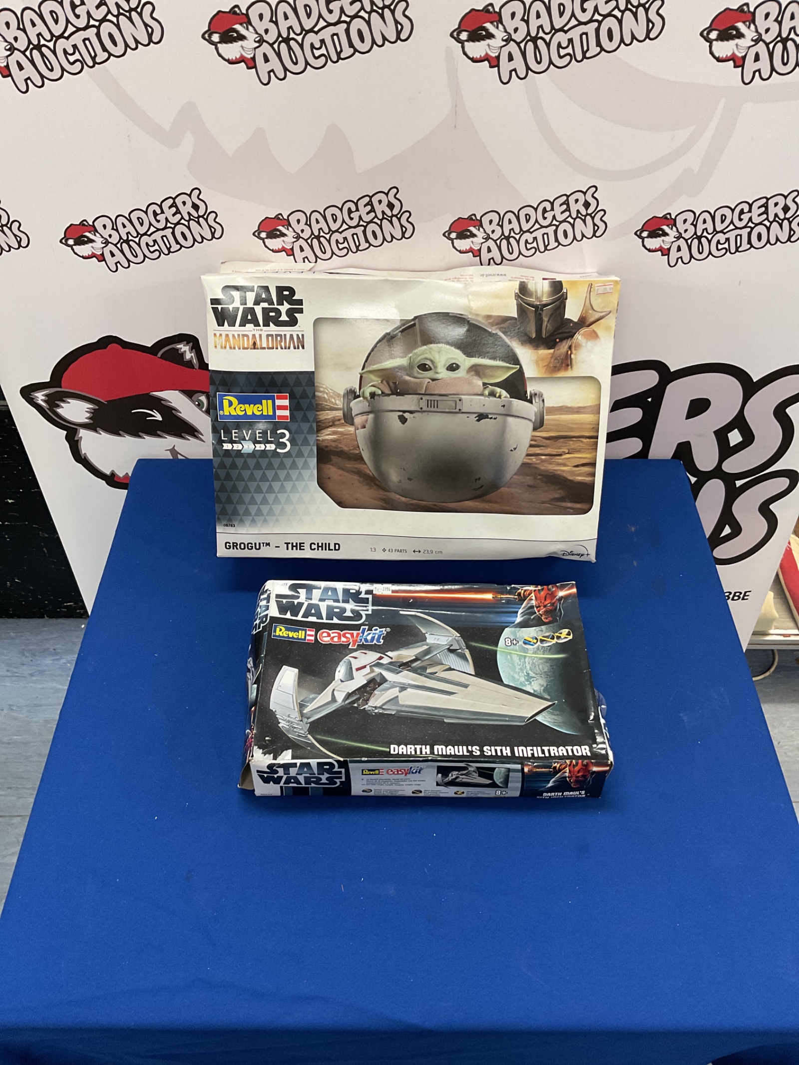 387 Two Star Wars Revell model kits, The Mandalorian Grogu- The Child, and Darth Maul’s Sith Infiltrator