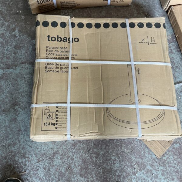 Grey Tobago parasol base for garden umbrellas.