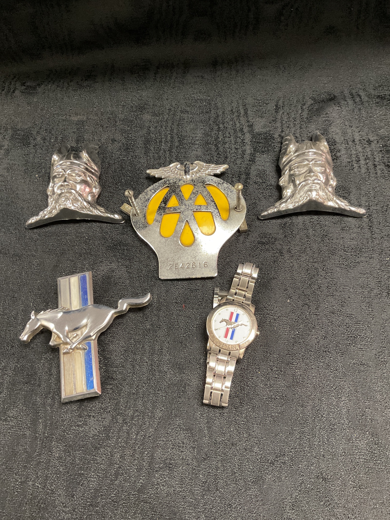 904 Two Rover car mascots vintage AA badge and mustang badge and wristwatch