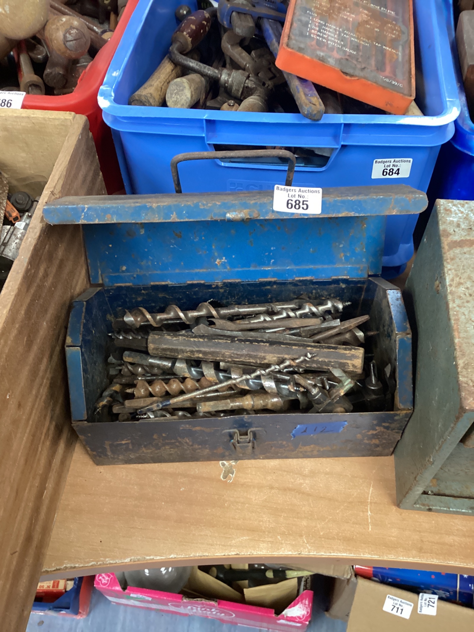 685 Vintage Blue metal cantilever toolbox with drill bits
