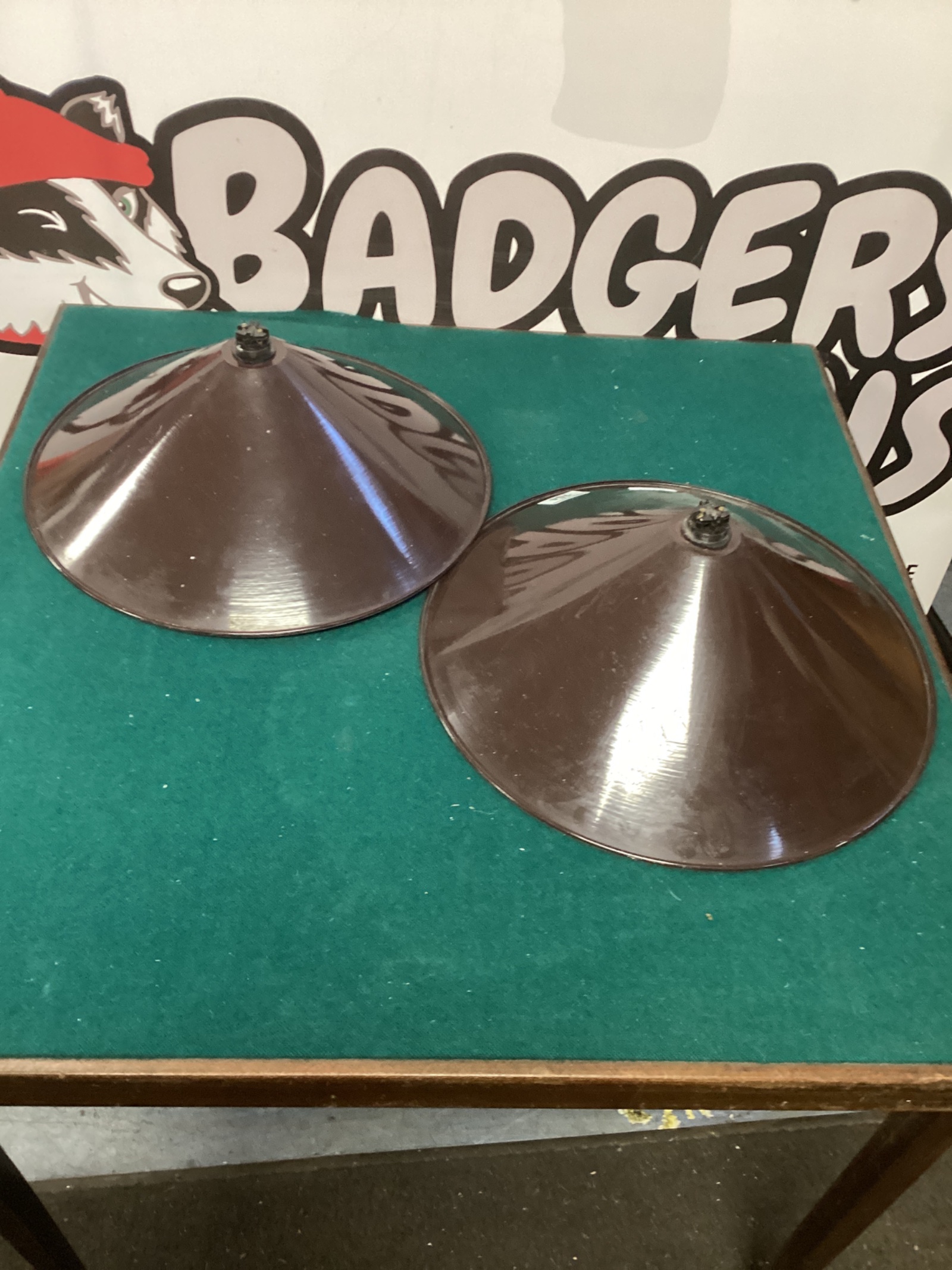 704 Two vintage brown metal ceiling lampshades