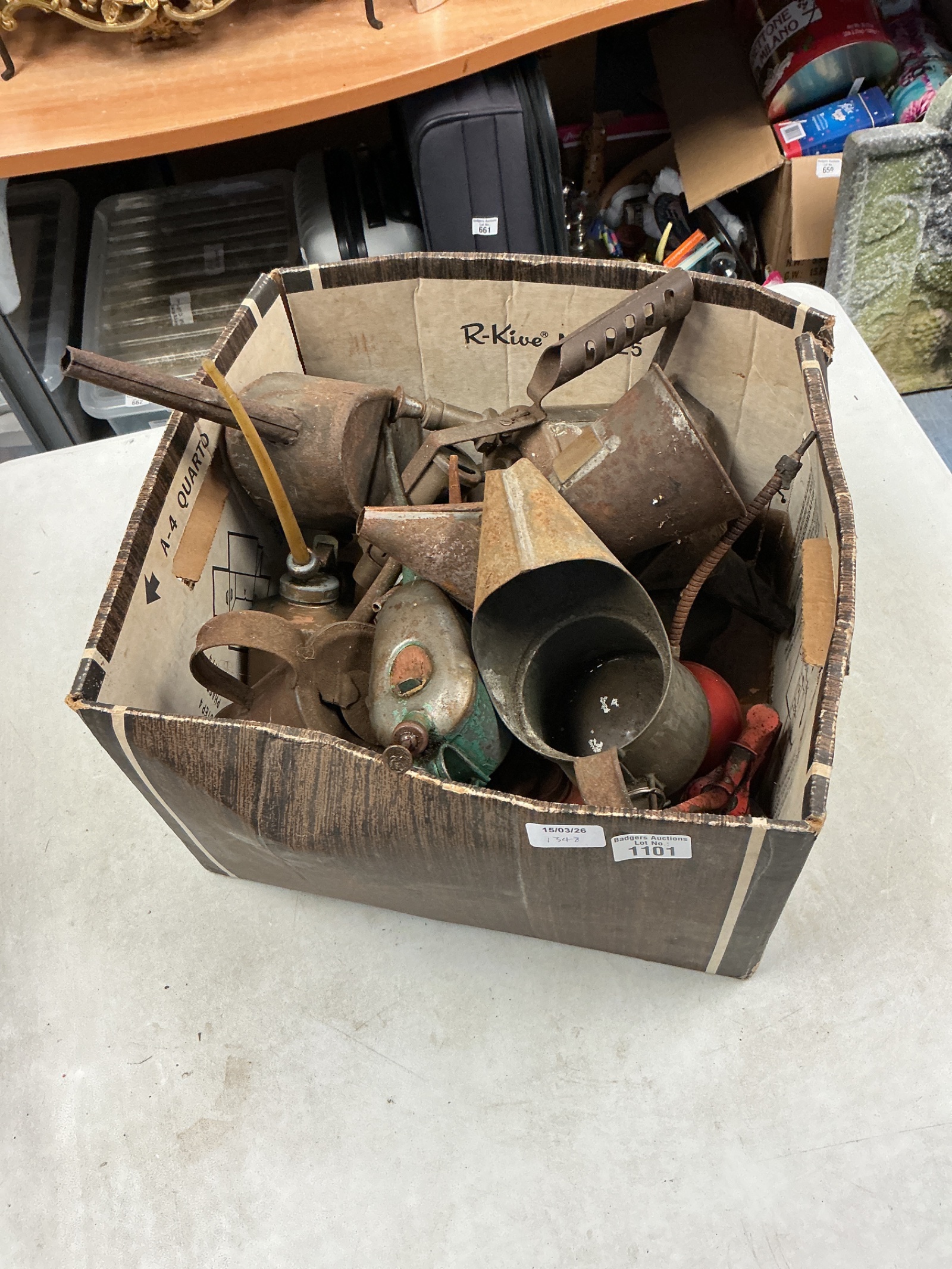 1101 Assorted box of metal oil droppers and jugs