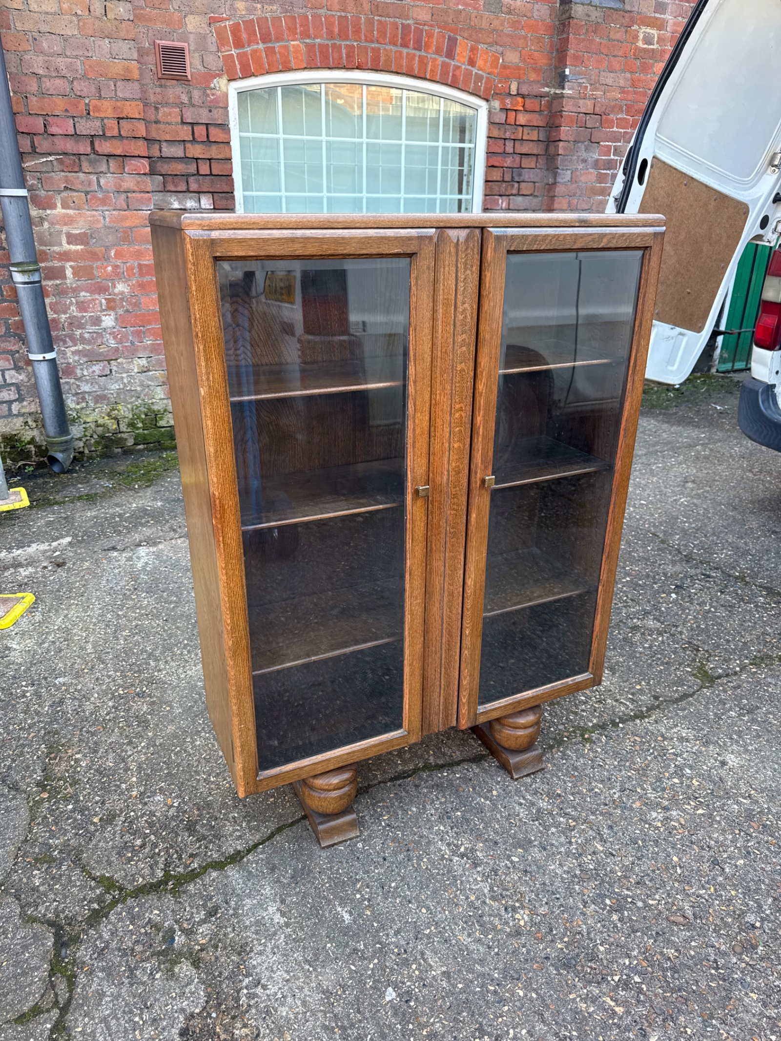 659 Vintage bevel glass fronted shelving cabinet 35.5” width x 11.5” depth x 50” height approx