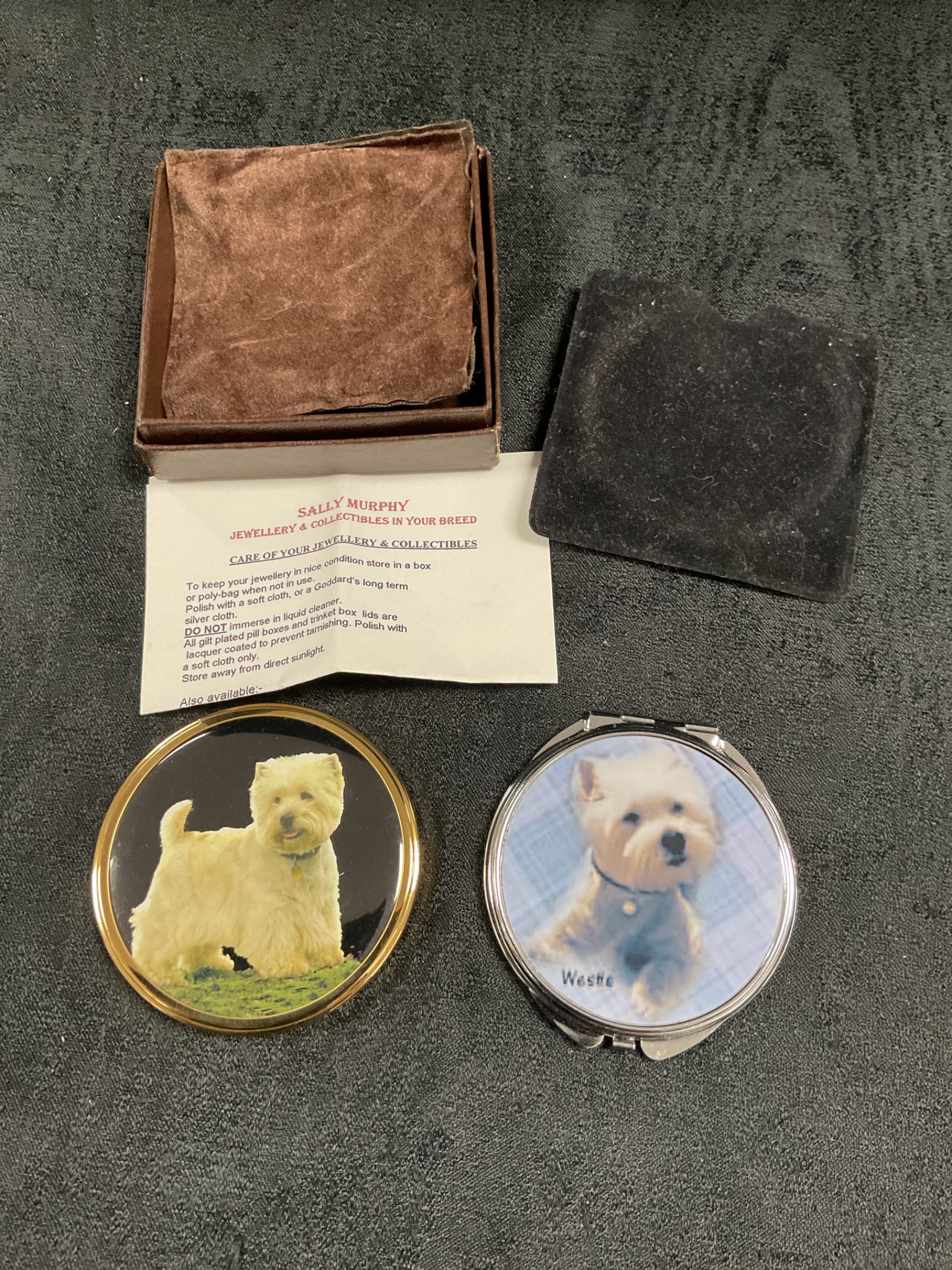 824 Two ladies handbag mirrors with westie dog picture backs