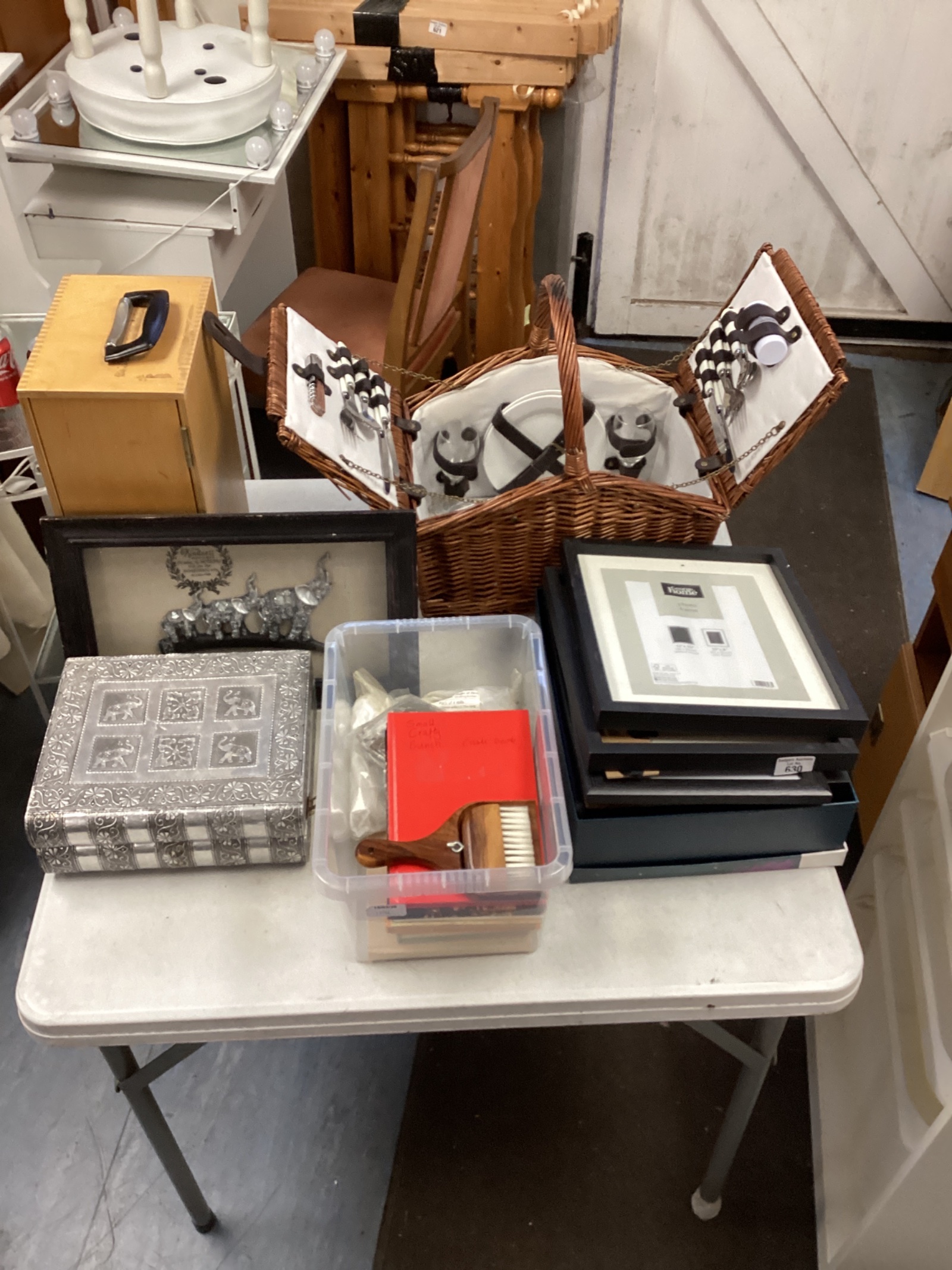 630 Lots of mixed house clearance, including picture frames, jewellery box and picnic with a hamper